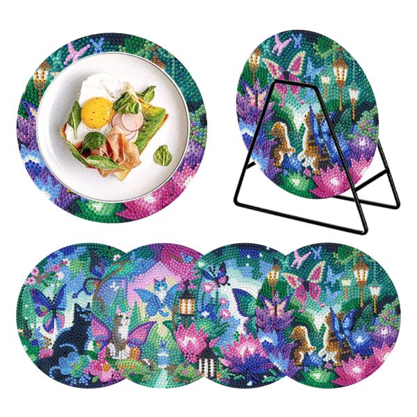 4 PCS Wooden Diamond Painted Placemats Round Placemat with Holder (Garden Cat)